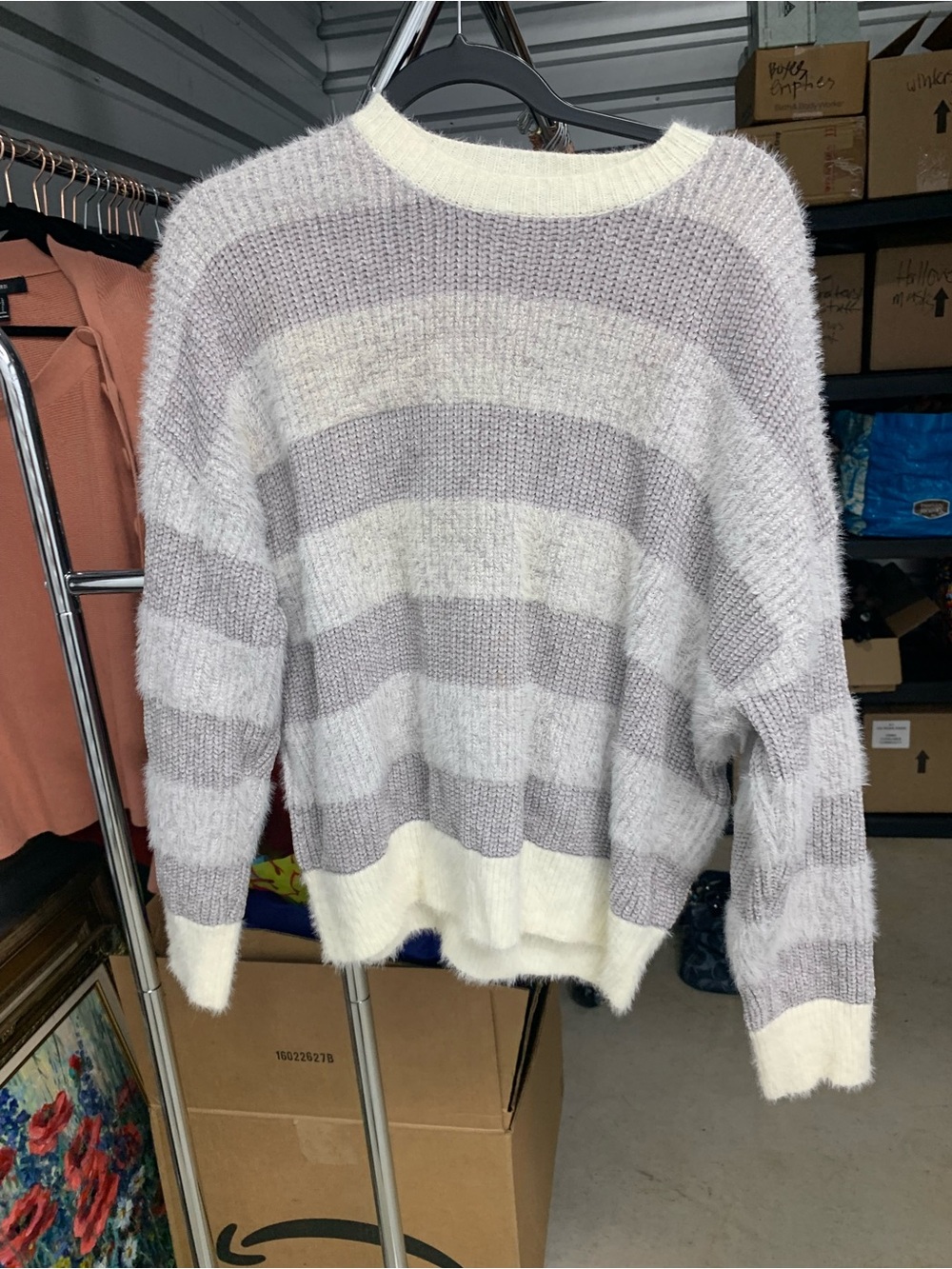 Forever 21 Cream & Light Gray Striped Fuzzy Crewneck Sweater
